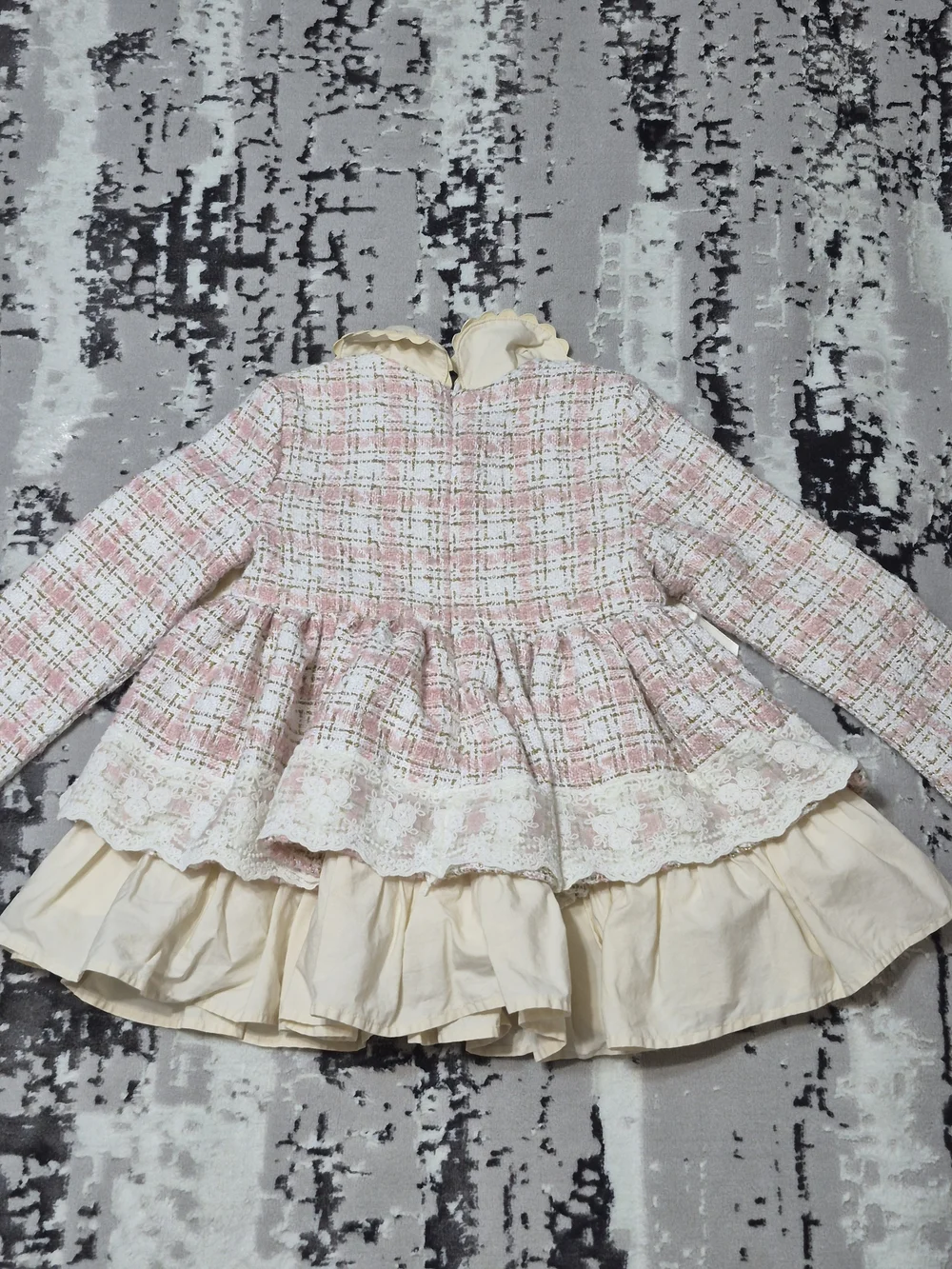 Pettigirl Autumn  Party pink plaid tweed ruffle dressscalloped Peter Pan collar